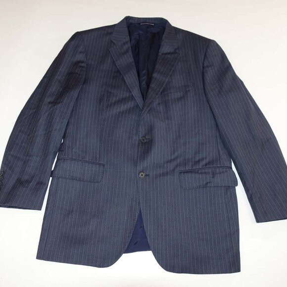 Coppley Mens Pinstripe Suit Jacket Size 40 Short Navy Blue Loro Piana Super 130s